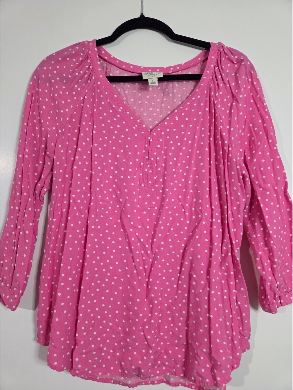 St. John's Bay Pink Polka Dot Rayon Blouse, Size Large